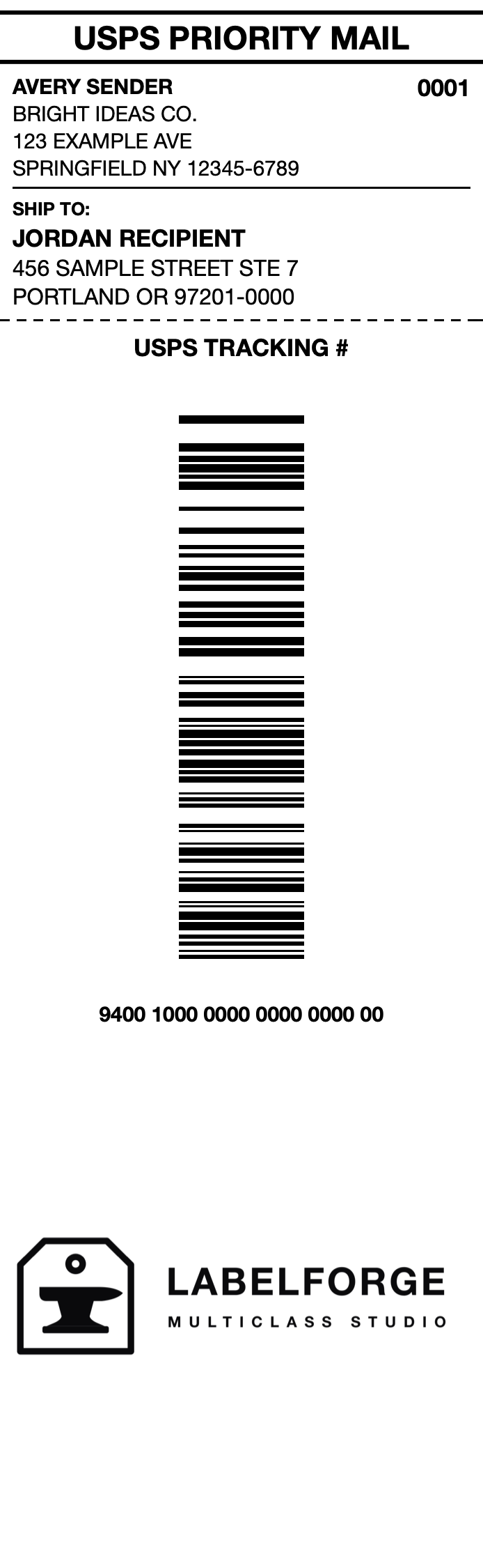 A reformatted spine label: service banner, addresses, tracking barcode and branding, rendered edge-to-edge